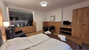 een slaapkamer met een bed, een bureau en een televisie bij VIENNA Premium Apartments in Wenen