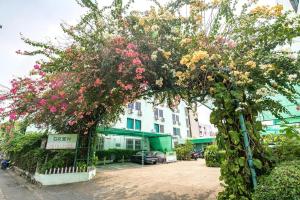 ein mit Blumen bedeckter Baum vor einem Gebäude in der Unterkunft Green Apartment Kaset in Bangkok