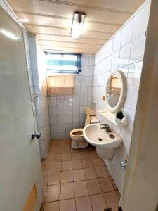 a bathroom with a sink and a toilet and a mirror at 南科驛站 in Xinshi