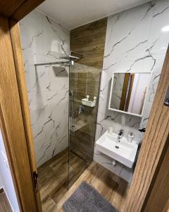 a bathroom with a sink and a glass shower at Stasa_cozy_nest in Kolašin