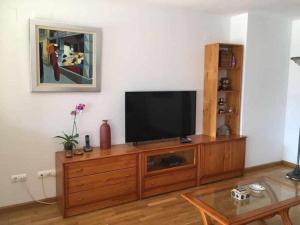 uma sala de estar com uma televisão de ecrã plano num centro de entretenimento em madeira em Apartamento en Av de Francia y CArtes y Ciencias em Valência