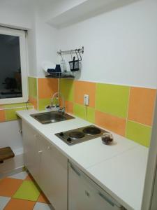 a kitchen with a sink and a counter top at Vila Cri Cri in Buşteni