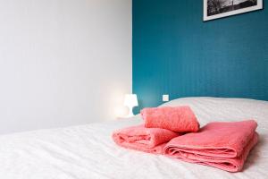 ein Bett mit zwei rosa Handtüchern darüber in der Unterkunft immeuble entier ✰ coeur de ville ✰ terrasse balcon in Segré