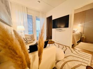 ein Wohnzimmer mit einem Sofa, einem Bett und einem TV in der Unterkunft 2 Room / Central Railway / Free parking in Seinäjoki