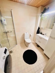 uma casa de banho com um WC, um chuveiro e um lavatório. em 2 Room / Central Railway / Free parking em Seinäjoki