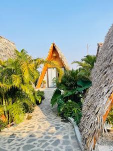 um caminho que leva a um resort com palmeiras em Metoo Homestay - Kitchen - Bar em Ninh Binh