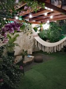 un jardín con macetas y una hamaca colgante en Airport Traveler's home. en Alajuela
