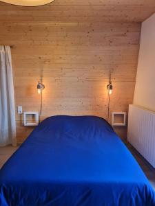 a bedroom with a blue bed in a wooden wall at Gite du bibicherat in Largillay-Marsonnay