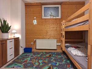 ein Schlafzimmer mit einem Etagenbett mit einem Teppich in der Unterkunft Ferienwohnung Bouma in Helminghausen