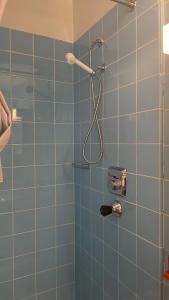 bagno con doccia e piastrelle blu di Lake view studio a Losanna