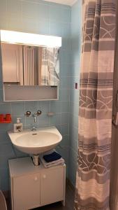 a bathroom with a sink and a shower curtain at Lake view studio in Lausanne