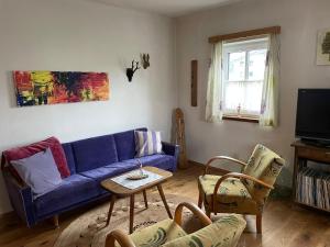 a living room with a blue couch and chairs at 11er Häusl in Flachau