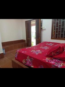 ein Schlafzimmer mit einem roten Bett mit einer roten Bettdecke in der Unterkunft Pirates Arms Backpackers in Kampot