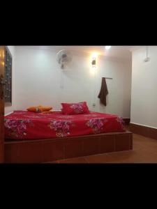 ein Schlafzimmer mit einem roten Bett mit einer roten Decke in der Unterkunft Pirates Arms Backpackers in Kampot