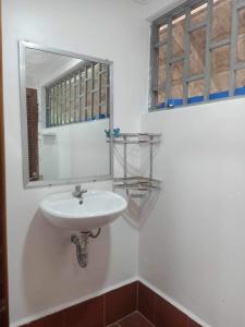 a bathroom with a sink and a mirror at Pirates Arms Backpackers in Kampot