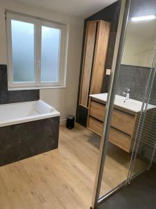 a bathroom with a tub and a sink and a mirror at Le pavillon de César in Quesnoy-sur-Deûle
