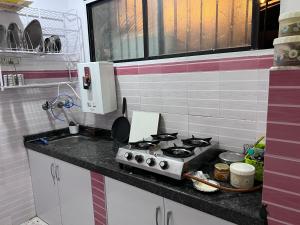 a kitchen counter with a stove and a sink at Lotus in Nagpur