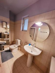 a bathroom with a sink and a toilet and a mirror at Delion Guest Apartment in Dhílesi +25 photos