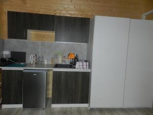 cocina con fregadero y encimera en Domki u Szostaków, en Dąbki