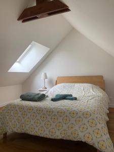 een slaapkamer met een bed met twee kussens erop bij Maison année 30 chic et cosy in Lorient
