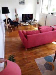 - un salon avec un canapé rose et du parquet dans l'établissement Gîte les palmiers, à Guingamp