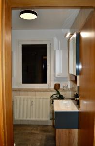 eine kleine Küche mit einem Waschbecken und einem Fenster in der Unterkunft Gemütliches Apartment am Brombachsee mit Seeblick. in Absberg
