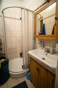ein Badezimmer mit einer Dusche, einem Waschbecken und einer Badewanne in der Unterkunft Klidný a útulný byt in Prag