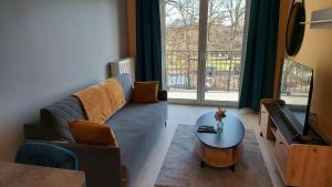 sala de estar con sofá y mesa de centro en Apartament Temisto en Bydgoszcz