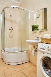 un bagno con doccia, lavandino e lavatrice di Panoramic View Lux Apartment a Mukačevo