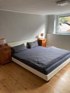 1 dormitorio con 1 cama grande en una habitación con ventana en Familienfreundliches Haus mit eingezäuntem Garten, en Biberwier