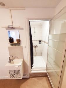 La salle de bains est pourvue d'une douche et d'un lavabo. dans l'établissement N 1 - Spacieux T4 - CENTRE VILLE - balcons - 2 SDB - 3 CH- parking gratuit, à Bellac