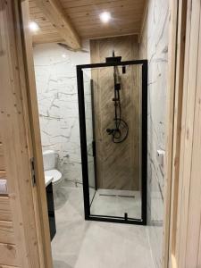 uma casa de banho com um chuveiro e um espelho. em Zymbiańsko Chałupa 2 z jacuzzi em Ząb