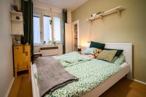 ein Schlafzimmer mit einem Bett mit einer grünen Bettdecke in der Unterkunft Klidný a útulný byt in Prag