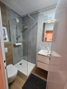 een badkamer met een douche, een toilet en een wastafel bij ABA2 in Zagreb