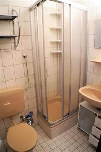 uma casa de banho com um chuveiro, um WC e um lavatório. em Ferienpark - Haus P, App 0P0305 em Heiligenhafen