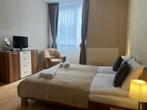 a bedroom with a bed and a chair and a television at Flora Hotel Apartment 103 in Borovets