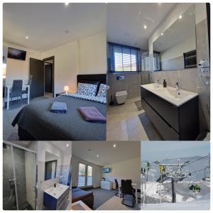 eine Collage mit Bildern eines Schlafzimmers und eines Badezimmers in der Unterkunft Apartament rodzinny- Willa Lawenda in Rytro
