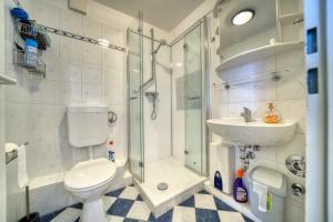 ein Bad mit einer Dusche, einem WC und einem Waschbecken in der Unterkunft Haus am See, App 3HAS06 in Heiligenhafen