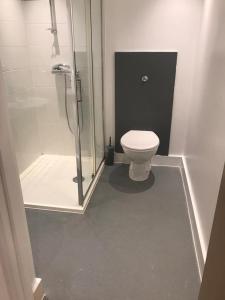 a bathroom with a shower and a toilet in it at Lovely Cozy One bedroom close to city centre Liverpool in Liverpool