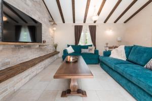 een woonkamer met een blauwe bank en een tv bij Villa Lucija in Katun Gračanski