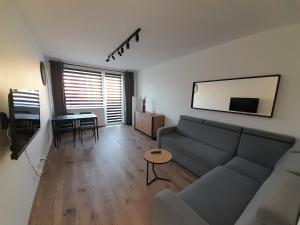 Apartament Leszczynki في غدينيا: غرفة معيشة مع أريكة وطاولة