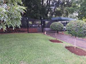 a black fence with two trees in a yard at The Crooked Forest in Pretoria