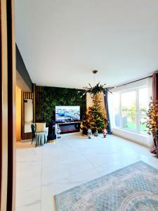 Penthouse View Aeroport Iasi في ياش: غرفة معيشة مع تلفزيون وشجرة عيد الميلاد