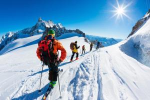 un gruppo di persone che sciano giù da una montagna innevata di Résidence Grand Roc - Ancolies 207 - Happy Rentals a Chamonix-Mont-Blanc