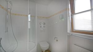a white bathroom with a shower and a toilet at Chalet Wohnung Wilder Kaiser in Kitzbühel +7 photos