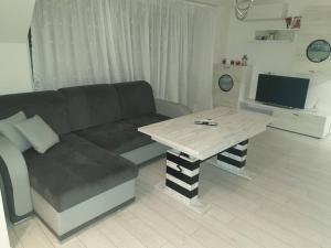 ein Wohnzimmer mit einem Sofa und einem Tisch in der Unterkunft Cosy Charming 2-Bed Apartment in Blagoevgrad in Blagoewgrad