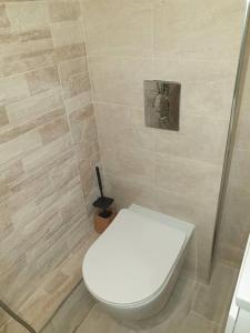 a bathroom with a white toilet and a shower at Cosy Charming 2-Bed Apartment in Blagoevgrad in Blagoevgrad
