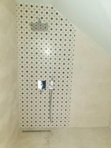 a shower in a bathroom with a tile wall at Cosy Charming 2-Bed Apartment in Blagoevgrad in Blagoevgrad