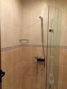 a bathroom with a shower with a glass door at Luxury Two Bedroom Flat in Blagoevgrad