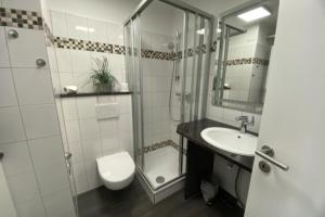 a bathroom with a shower and a toilet and a sink at Seeschloss Wohnung 22 in Dahme
